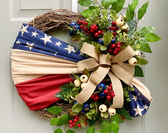 Flag Wreath, Patriotic Floral Grapevine Wreath, July 4th Wreath, July Fourth Americana, America Wreath