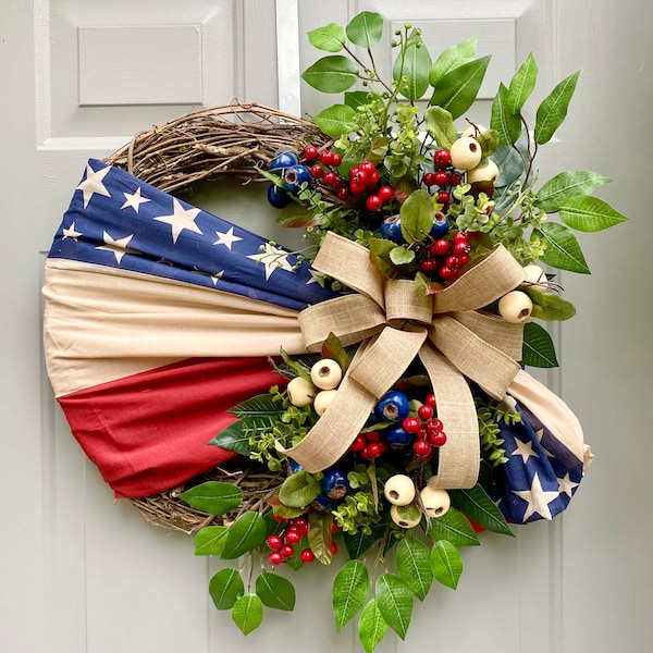 Vlagkrans, patriottische bloemenwijnstokkrans, 4 juli-krans, vierde juli Americana, Amerika-krans