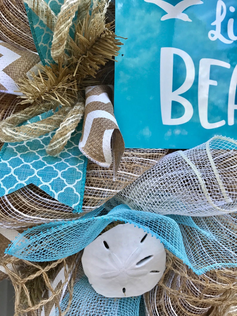 Life's A Beach Burlap Deco Mesh Wreath with Seashells, Seashell Wreath, Beach Wreath, Starfish Wreath image 4