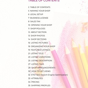 May include: Table of contents for a guide to selling on Etsy. The guide covers topics such as naming your shop, legal setup, business license, sales tax, opening your shop, shop policies, about section, shop photos, shop sections, listing pictures, organizing your shop, featured listings, listing title, listing variations, listing description, listing tags, shop announcements, how to get views, Etsy SEO, attributes, pricing, and shipping profiles.