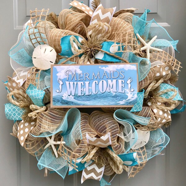 Beach Wreath, Mermaids Welcome, Mermaid Decor, Burlap Deco Mesh Wreath with Seashells, Nautical Wreath, Seashell Wreath, Welcome Wreath