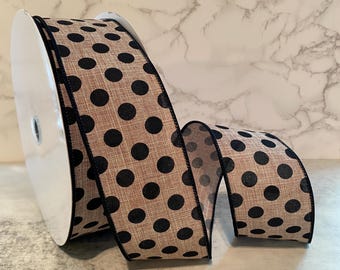 2.5" x 50yds Medium Black Polka Dot Ribbon on Tan Royal Burlap, 2.5" Wired Edge Pet Ribbon