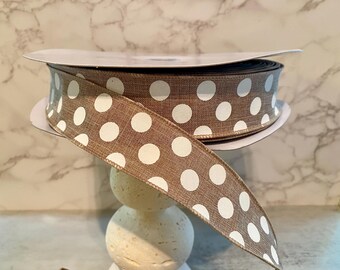 1.5" x 50yds Medium White Polka Dot on Tan Ribbon, 1.5" Wired Edge Pet Ribbon