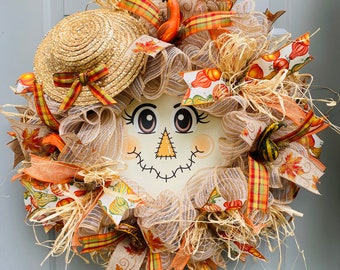 Scarecrow Wreath For Front Door, Fall Deco Mesh Wreath for Front Porch, Autumn Decor with Raffia and Pumpkins