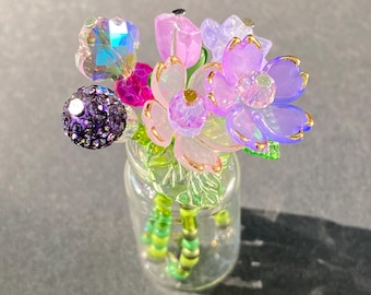 Mini Beaded Flower Bouquet with Glass Vase, Handmade Floral Art, Colorful Floral Desk Shelf Gift
