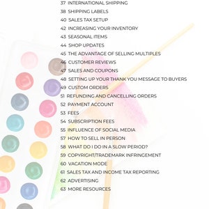 May include: A list of tips for selling on Etsy, including international shipping, setting up your thank you message to buyers, and refunding and cancelling orders. The list is numbered 37 through 63. The text is on a white background with a pink and white striped background.