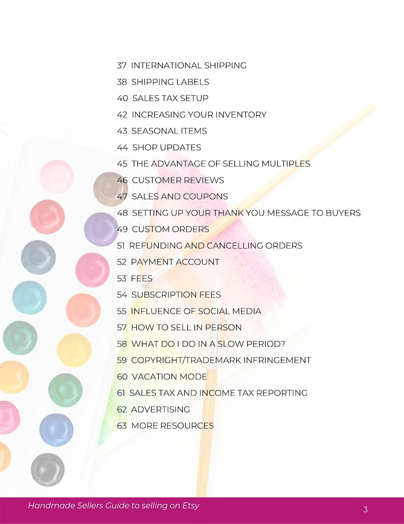 May include: A list of tips for selling on Etsy, including international shipping, setting up your thank you message to buyers, and refunding and cancelling orders. The list is numbered 37 through 63. The text is on a white background with a pink and white striped background.