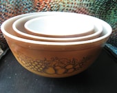 Vintage Set of Pyrex Mixing Bowls Set of Three Brown with Fruit on the Side Pyrex 401 402 403