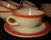 Vintage Pyrex Milk Glass Coffee Cups With Saucers Pink Border Set of Ten Flamingo Pink