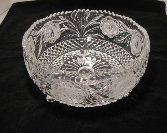 Vintage Cut Glass Footed Bowl Etched Flower on Sides Lots of Etsy