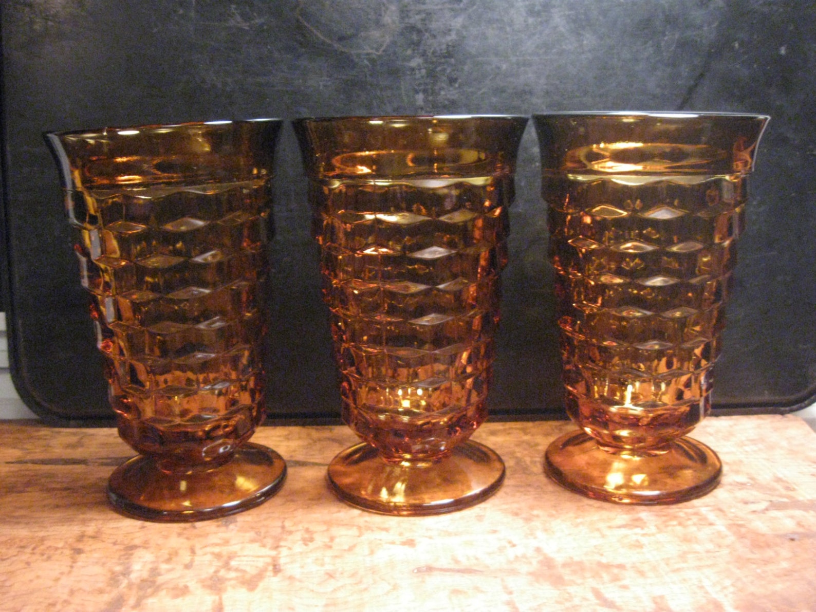 Vintage Amber Drink Glasses Heavy Glassware Footed Ridged Etsy