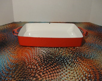 Vintage Red Dansk Casserole Enamelware Pan With Handles Metal Ovenware   10 3/4" x 8" x 1 5/8"  Made in France.