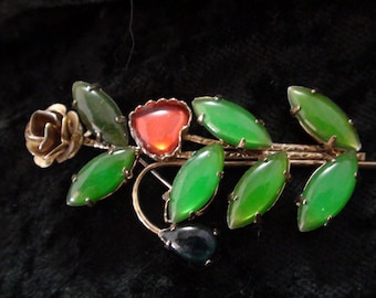 Floral Brooch with Gold Toned Rose at top Glass leaves and a Heart Shape