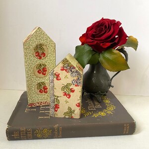 Handcrafted WOODEN HOUSES &#39;The Strawberry Houses&#39; Pair Decorated PATCHWORK Wooden Houses Decoupage Houses Collaged Wooden Houses Shelf Decor