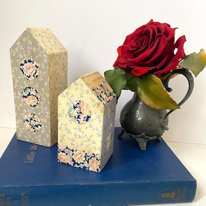 COLLAGED Wooden HOUSES Handcrafted Pair Decorated Vintage Style PATCHWORK Wooden Houses Decoupage Houses Collaged Wooden Houses Shelf Decor