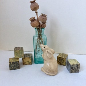 Blue & Green 1&quot; BLOCKS Vintage Style Decorative Floral  Wooden Cubes Decoupage/Assemblage HANDMADE Ornaments Set x 5 Stacking Bricks