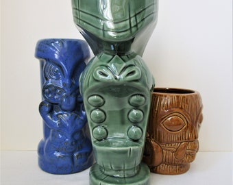 Retro KITSCH TIKI Mug Tiki Vase Tiki Man Tiki Face Vintage GREEN Ceramic Vase Barware Mid Century Style Ceramic Vase / Cocktail Mug