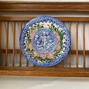 Vintage FRENCH Barbotine Majolica Putti Plate Cherub Musicians  Hand Painted & Glazed Pottery Plate Decorative Plate GIFT Vintage Wall Decor