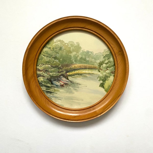 Vintage WATERCOLOUR Painting  Circular Wooden Frame 10 1/8"  Rowing Boats on River Round Wood Frame Vintage Wall Decor Gallery Wall Gift