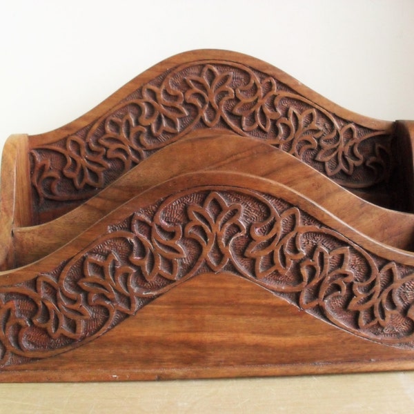 LETTER RACK Hand Carved Indian Vintage Letter Rack EXOTIC Wood Rack Hall/Kitchen Paper Storage 1970s Desk Tidy Recipe Box Asian Style