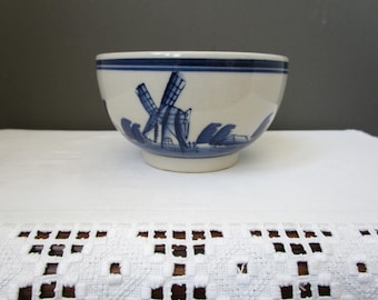 Cuenco de cerámica pintado a mano azul y blanco, porcelana Delftware, para ensaladas/bocadillos, patatas fritas, molino de viento holandés