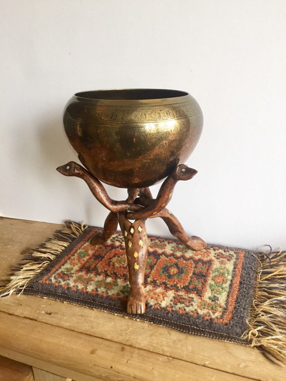 Handmade Vintage Asian Etched BRASS and Enamel Plant Pot & Inlaid