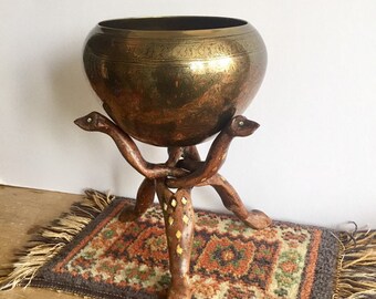 Handmade Vintage Asian Etched BRASS and Enamel Plant Pot & Inlaid Wooden TRIPOD Stand Mongoose Stand Made in India Boho Home Decor Gift