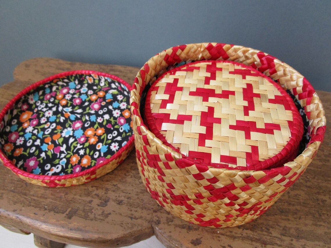 Woven STRAW Basket with 12 Double Sided Coasters FLORAL Fabric Etsy