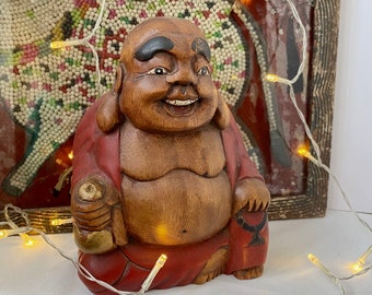 Large Painted Wooden Buddha LAUGHING BUDDHA Hand Carved Boho Decor 8" Heavy Wooden Buddha Buddhist Statue Wood Decor Interior Design Piece