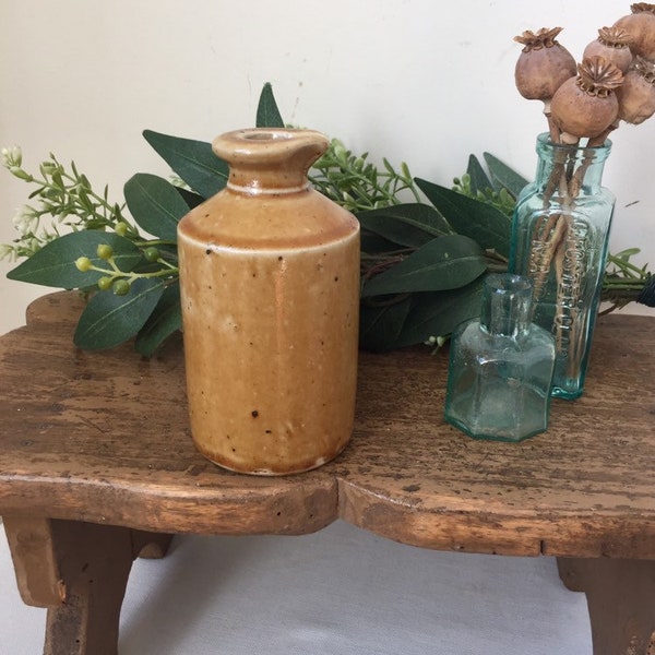 Antique VICTORIAN STONEWARE Ink Bottle Honey Glazed Stoneware 1800s Rustic Antique Display Bud Vase Home Decor 4 5/8" Tall