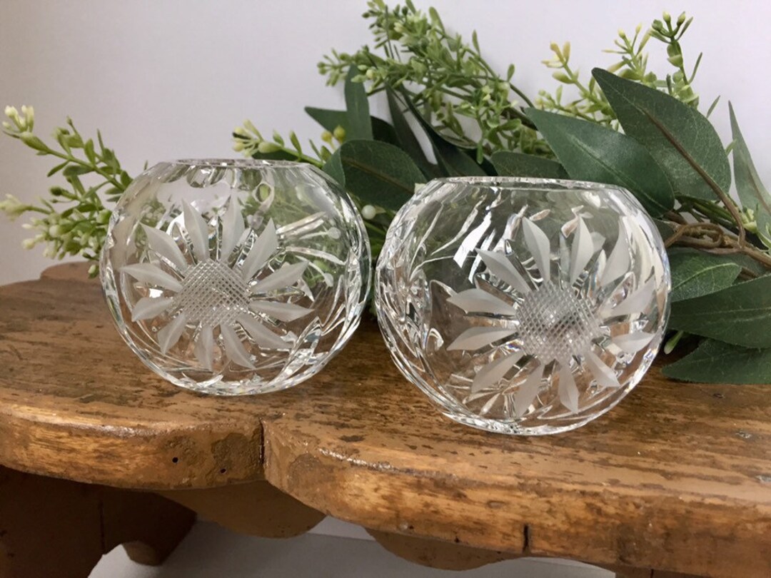 Vintage Cut Glass Globe Shaped Vases MANTLE DECOR Heavy Glass Quality