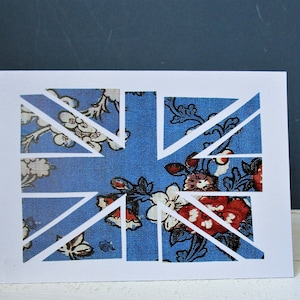 UNION JACK Handmade Collage GREETINGS Card / Note Card Blank Inside Vintage Style Patriotic Card Red White & Blue Floral Union Flag