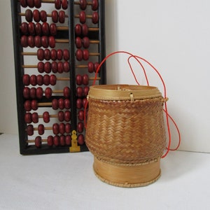 Vintage BOHO HANGING BASKET Asian Basket Retro Boho Home Decor Handmade Basket Small Lidded Basket Retro Home Decor Woven Container