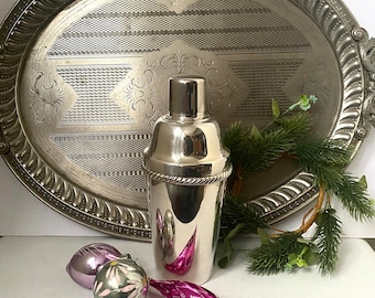 Silver Plated COCKTAIL SHAKER with Rope Detail 3 Part Vintage Cocktail Shaker 1 PINT Size Retro Barware Party Drinks Gift