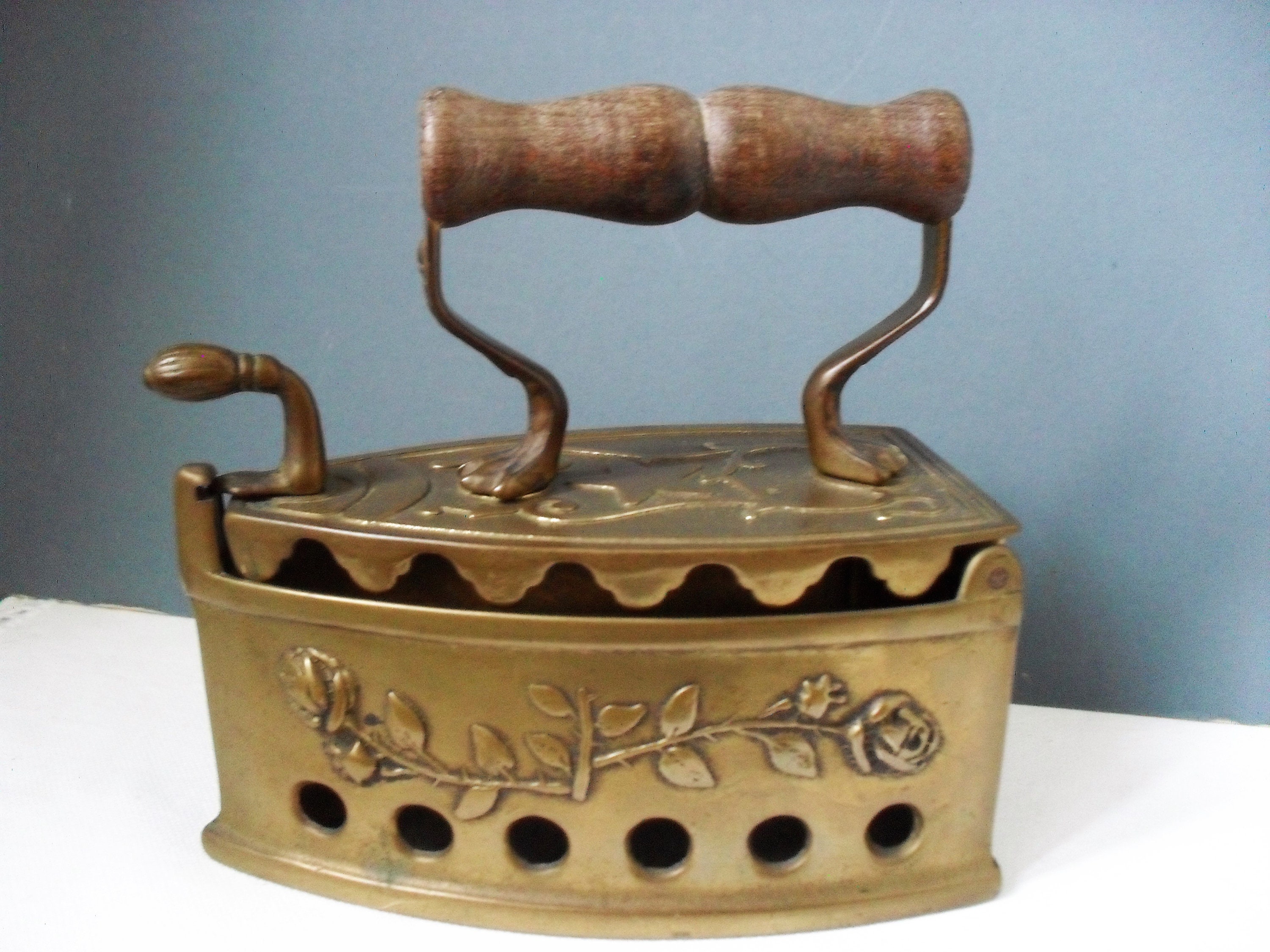 Antique 1920s vintage Brass Coal Iron with Wooden Handle