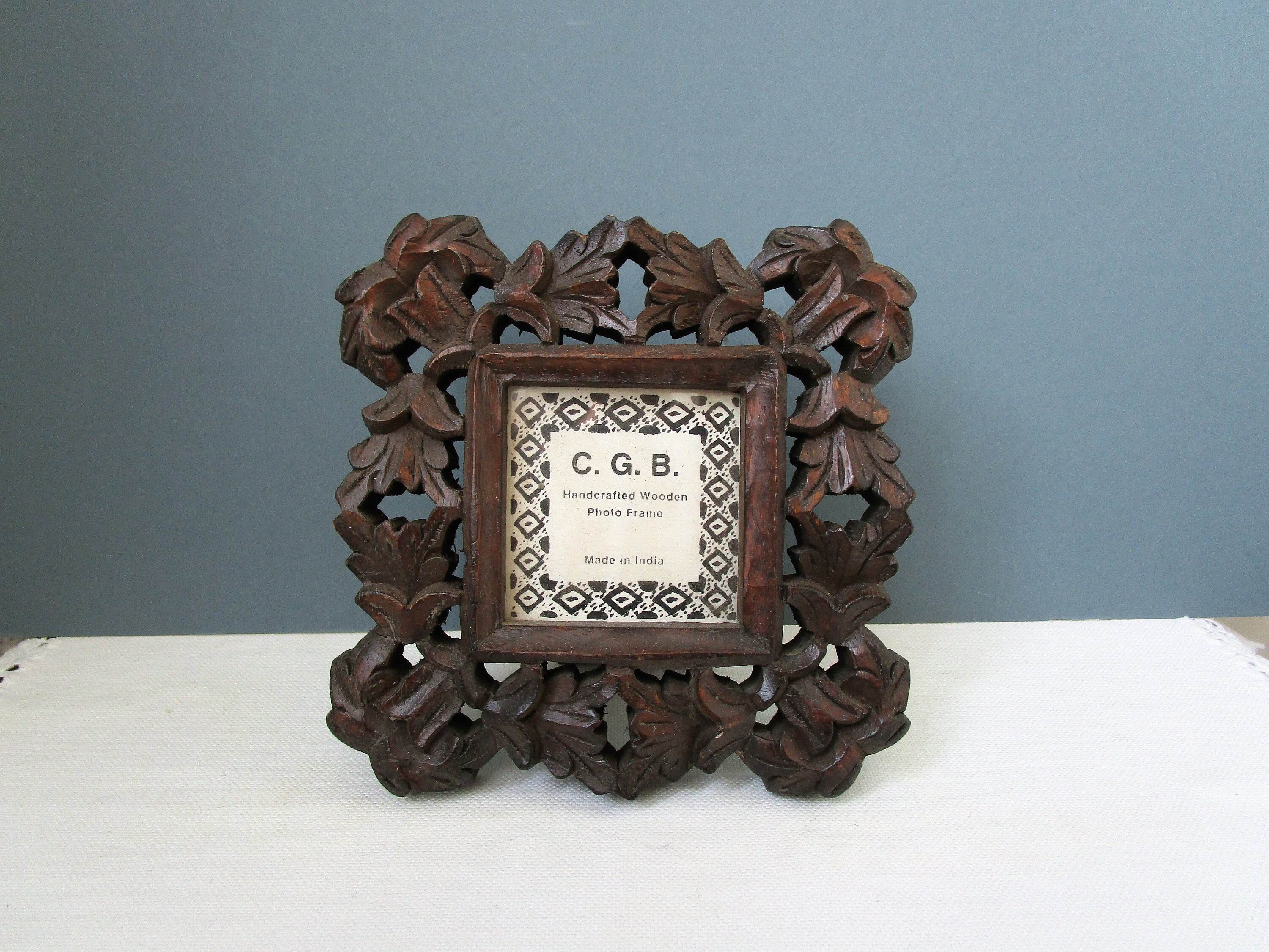 Handcrafted Wooden Photo Frame Made In India Carved Dark Wood Square Heavy Easel Back Gift Boho Decor Asian