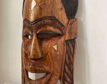Africa Vintage お面　木彫り　民族　部族　骨董　インテリア　特大 Vintage AFRICAN Inlaid Hand Carved TRIBAL Mask Wood & Bone