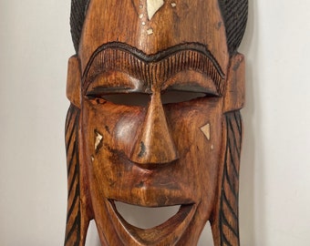 Vintage AFRICAN Inlaid Hand Carved TRIBAL Mask Wood & Bone Inlay Wooden Wall Hanging African Decor Art Object GIFT