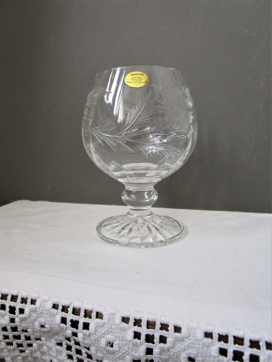 Handmade Vintage BRANDY BALLOON Nazeing Lead Crystal Etched Brandy