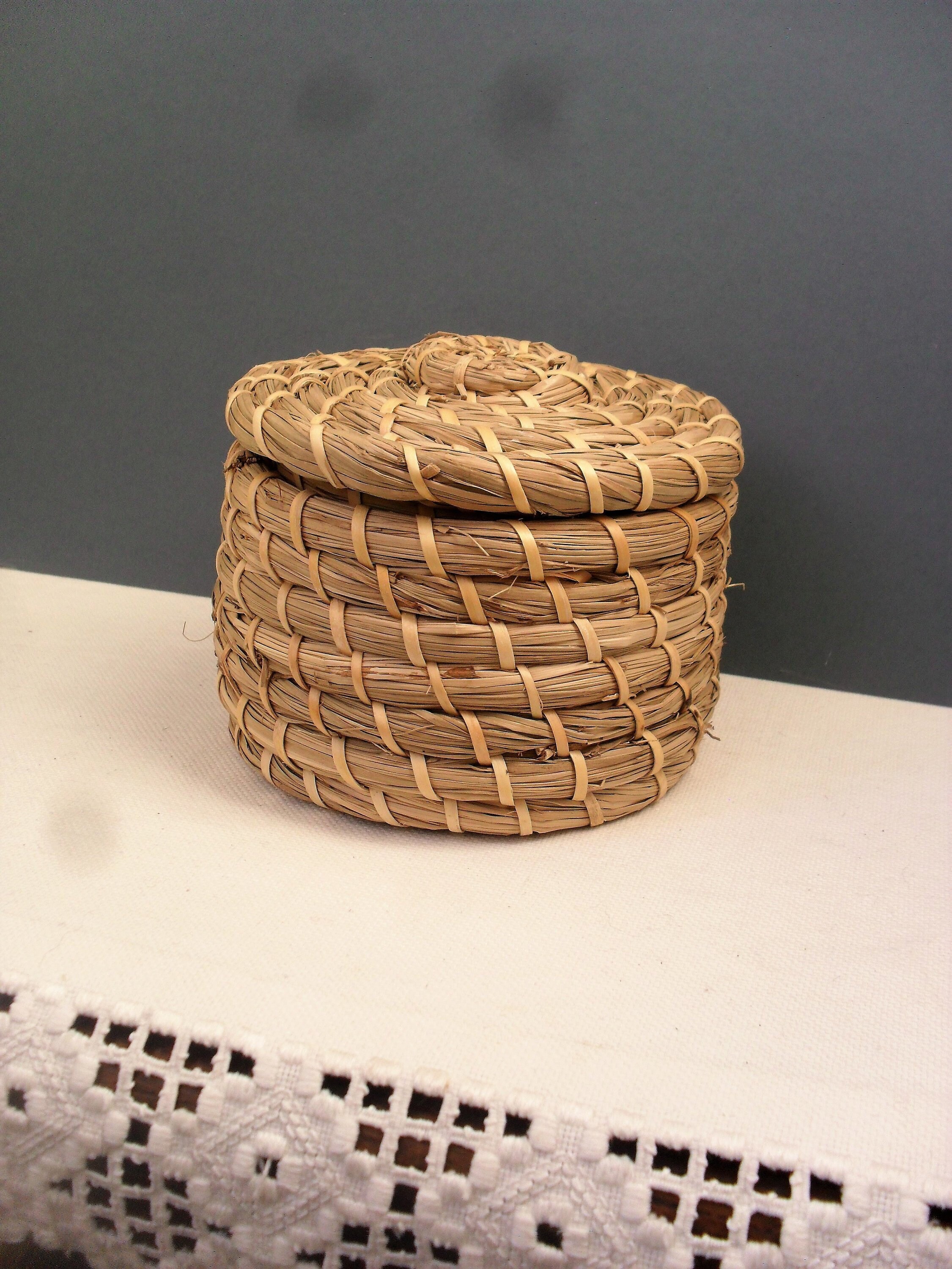 Coiled STRAW Basket with SIX Woven Coasters Brown Woven Fabric Etsy