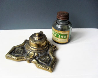 Vintage BRASS Desktop Inkwell ART NOUVEAU Style Brass Ink Well Brass Desk Accessory Office/Library Decor Collectable Inkwell with Insert