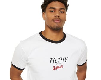Filthy Softball Ringer Tee | Softball Script Graphic T-Shirt, Softball Player Apparel, Girls fastpitch