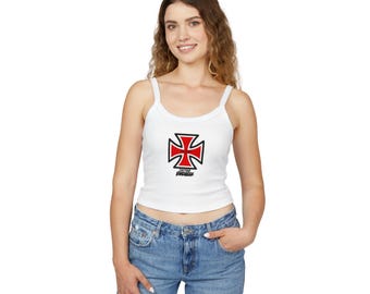 Red Iron Cross Graphic Tank Top | Spaghetti Strap Crop top, womens hot motorcycle tank, sexy bartender Tank, Daytona Bike week