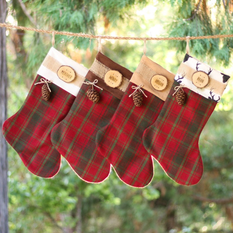 Holiday Stockings Christmas with Wood Slice Name Tag and Redwood Cone Rustic Woodland Christmas Plaid