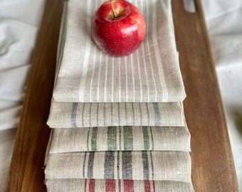 French Country Tea Towel in Rustic Linen, Natural Flax Linen Striped Kitchen Towel