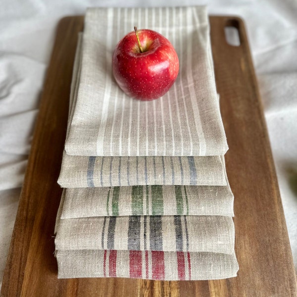 French Country Tea Towel in Rustic Linen, Natural Flax Linen Striped Kitchen Towel