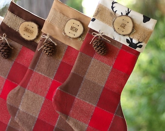 Tan and Red Flannel Christmas Stockings Family Christmas Stockings Wood Slice Name Tag and Cone Rustic Woodland Christmas