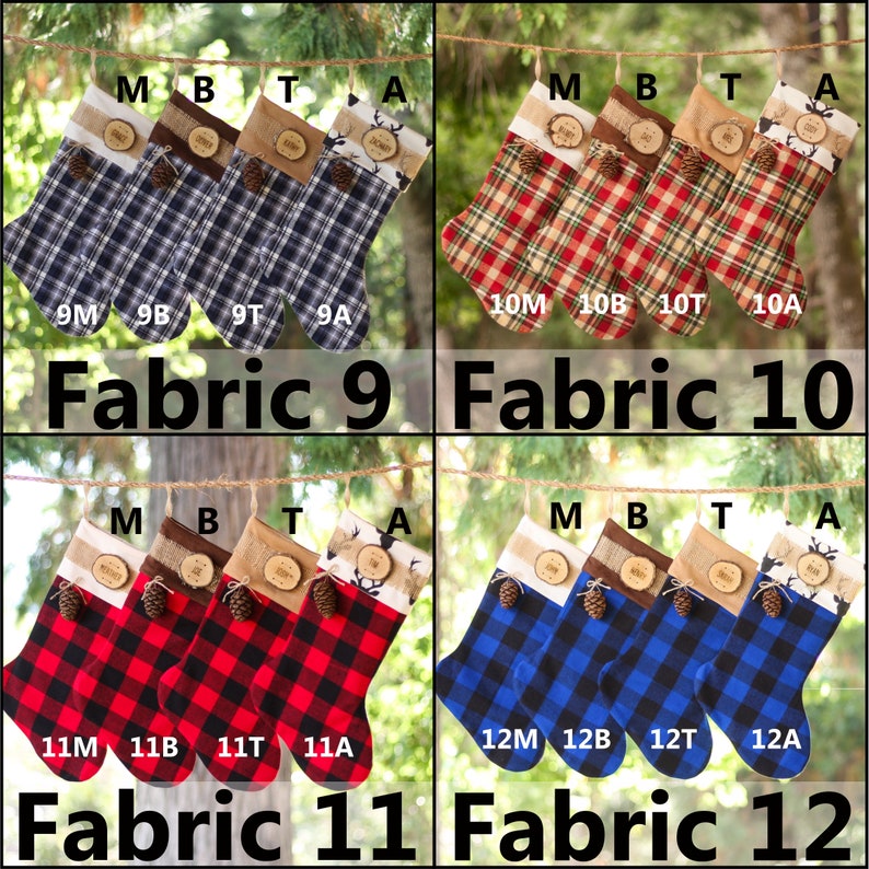 Holiday Stockings Christmas with Wood Slice Name Tag and Redwood Cone Rustic Woodland Christmas Plaid