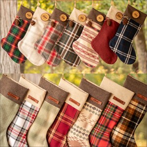 Farmhouse Christmas Stocking Personalized Wood or Leather Name Tag Redwood Cone Rustic Christmas Plaid Flannel Christmas Family Christmas image 2