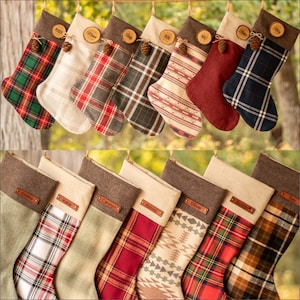 Personalized Christmas Stockings Holiday Stockings Wood Slice Name Tag Rustic Christmas Plaid Flannel Christmas Stocking